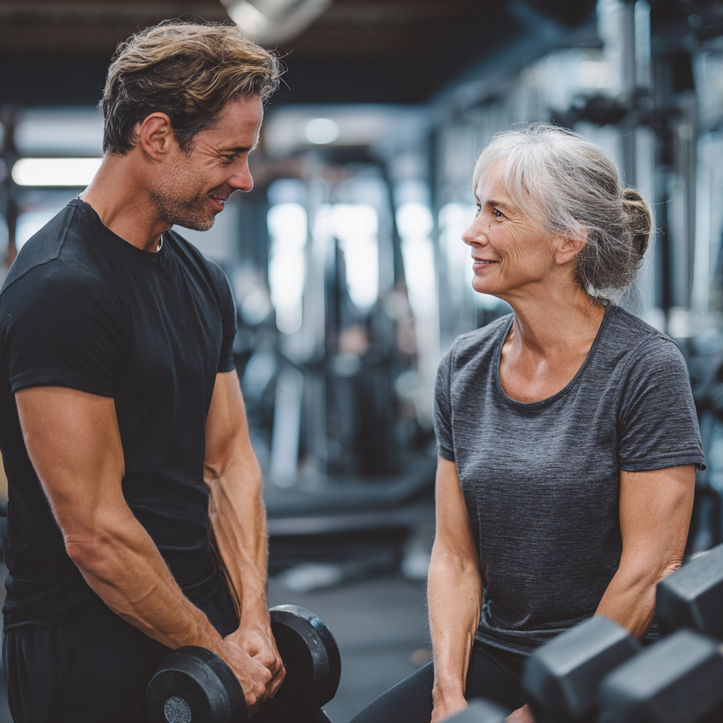 Тренер 52 років консультує жінку 60 років щодо правильної техніки виконання вправ