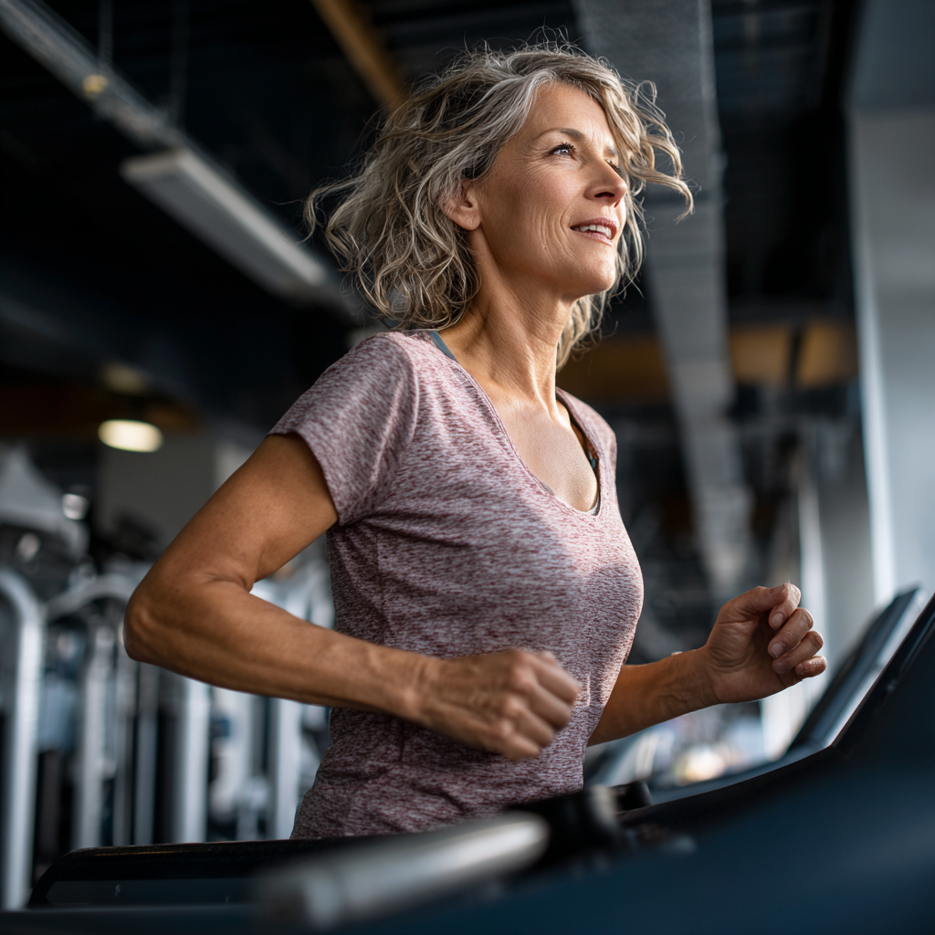 Жінка 58 років займається кардіо тренуванням на біговій доріжці