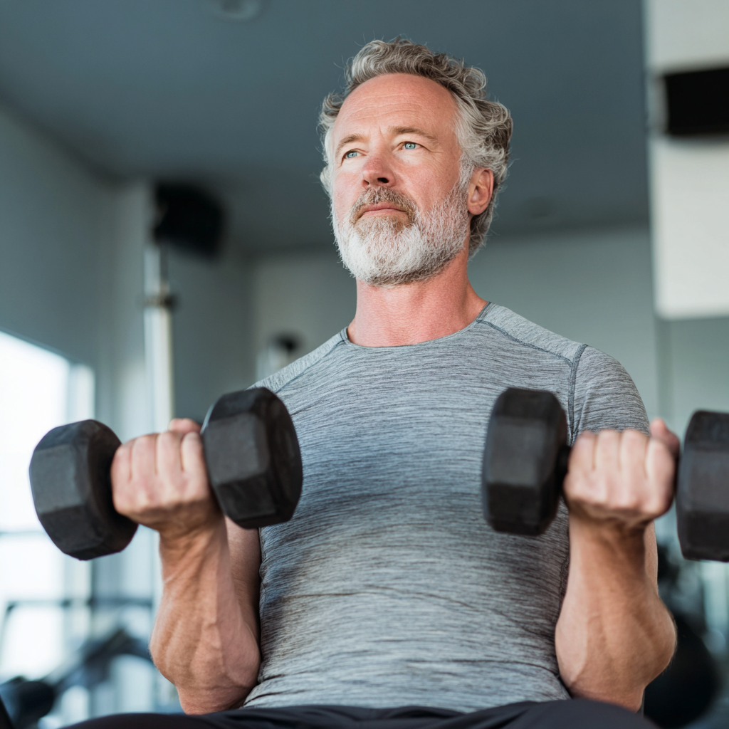 Чоловік 55 років виконує силові вправи з гантелями у фітнес залі