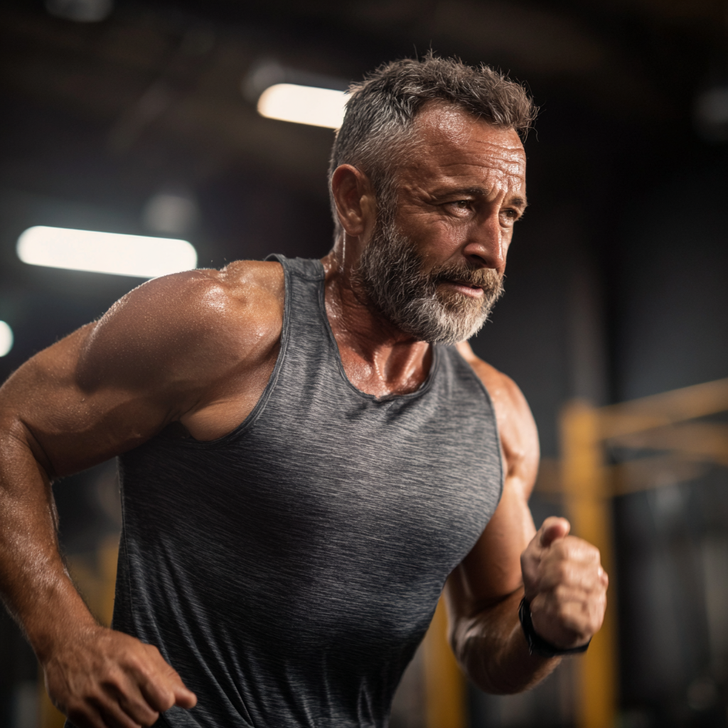 Мотивований чоловік 50-ти років займається спротром в залі